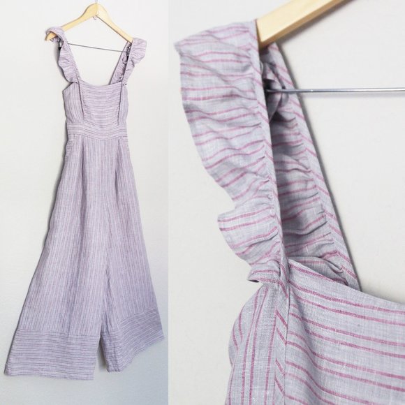 Anthropologie Elevenses Linen Nantucket Ruffle Wide Leg Jumpsuit Lavender $148 - Picture 6 of 16